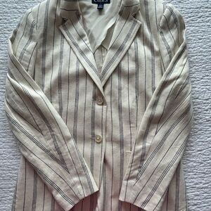 Chic! Ralph Lauren Chaps Navy & Cream fitted linen Striped Blazer size 8